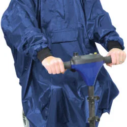 Man wearing a blue waterproof poncho on a mobility scooter.