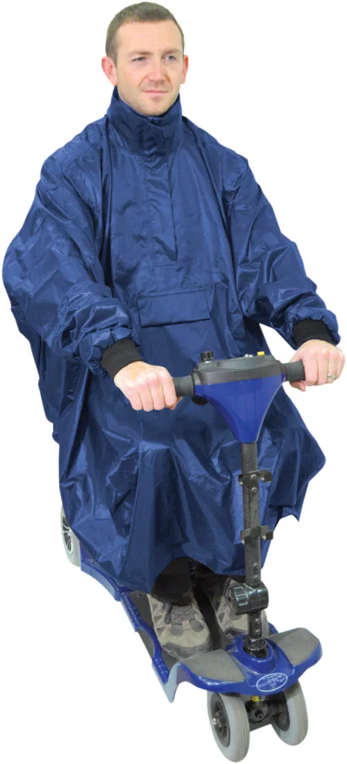 Man wearing a blue waterproof poncho on a mobility scooter.