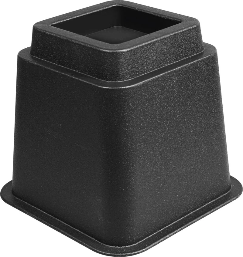 Black plastic furniture raiser with a square opening.
