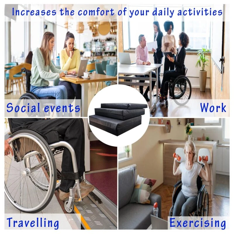 Collage showing wheelchair cushions in various settings like social events, work, traveling, and exercising.
