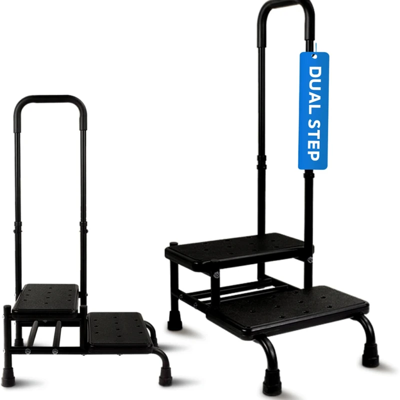 Black dual step stool with handle and blue 'Dual Step' sign.