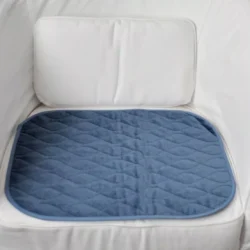 Blue incontinence chair pad on a white chair.