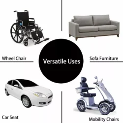 Graphic showing versatile uses of incontinence chair pad with images of a wheelchair, sofa, car seat, and mobility scooter.