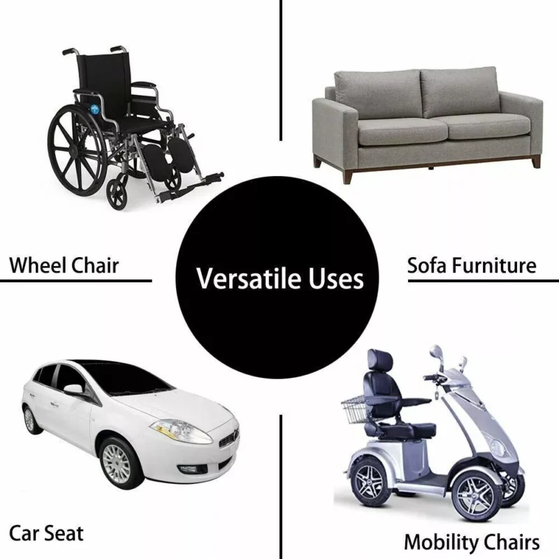 Graphic showing versatile uses of incontinence chair pad with images of a wheelchair, sofa, car seat, and mobility scooter.