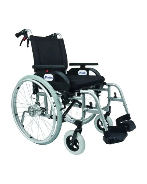 Silver wheelchair with black seat and drum brakes.