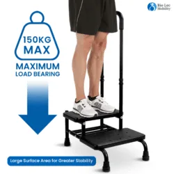 Person standing on a black dual step stool with a handle.