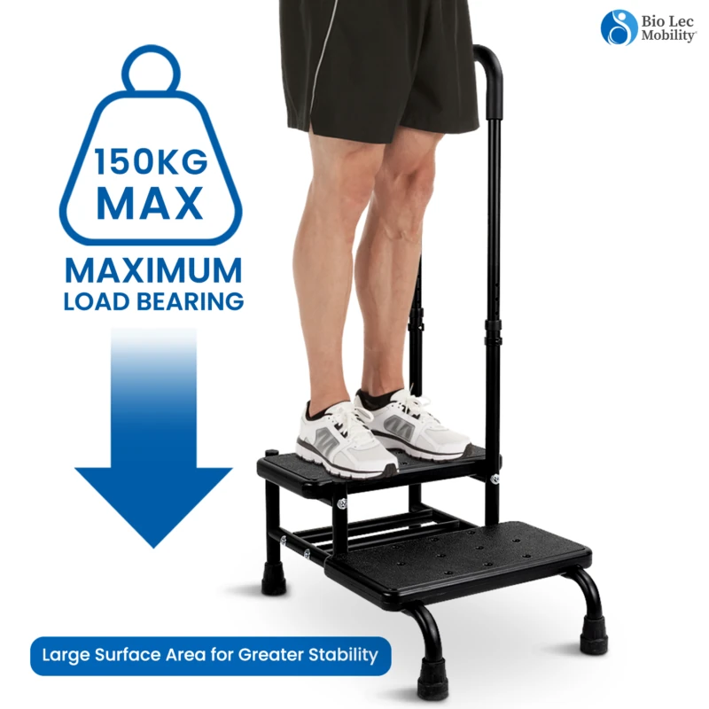 Person standing on a black dual step stool with a handle.