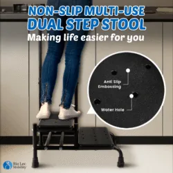 Person standing on a dual step stool with anti-slip embossing.