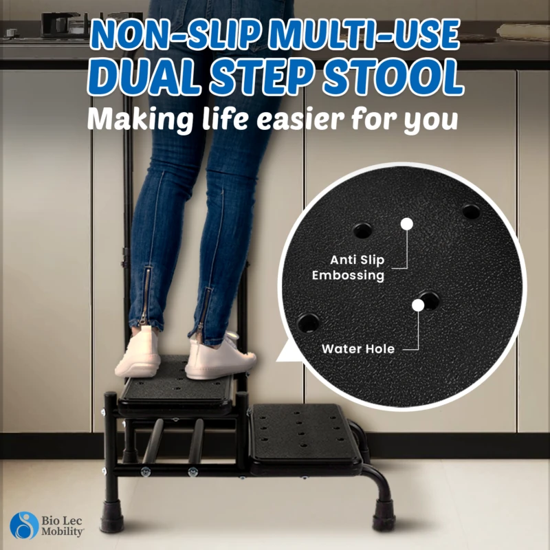 Person standing on a dual step stool with anti-slip embossing.