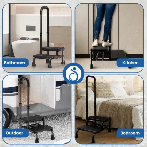2 Step Stool with Handle shown in bathroom, kitchen, outdoor, and bedroom settings.