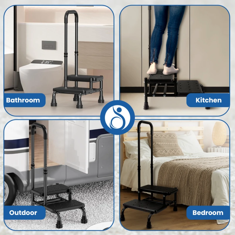 2 Step Stool with Handle shown in bathroom, kitchen, outdoor, and bedroom settings.