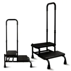 Black dual step stool with handle for stability.