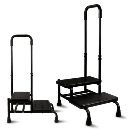 Black dual step stool with handle for stability.