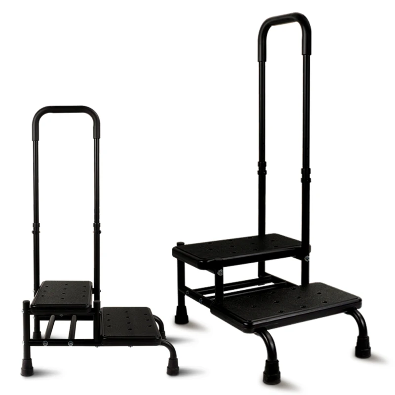 Black dual step stool with handle for stability.
