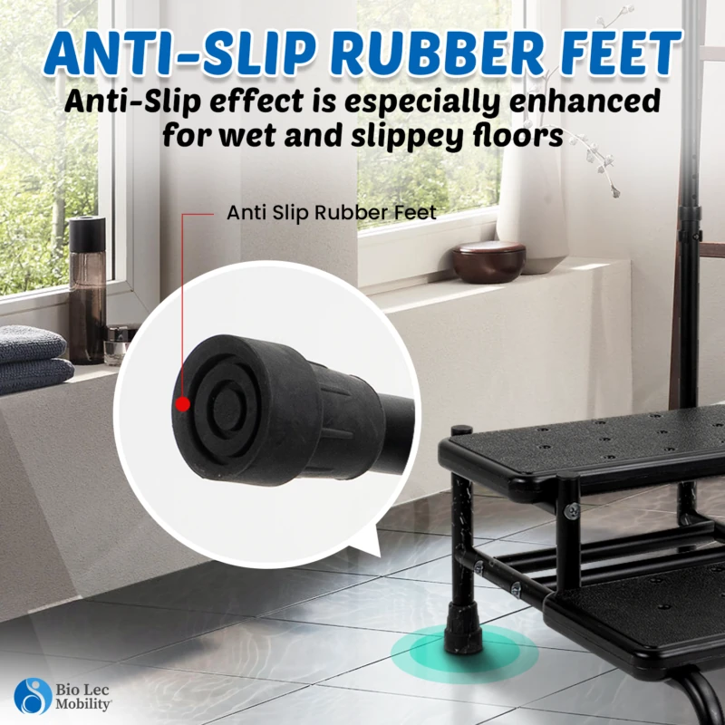 Close-up of anti-slip rubber feet on a dual step stool in a bathroom.