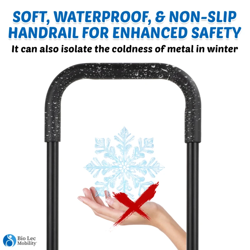 Close-up of the soft, waterproof handrail with text highlighting safety features.