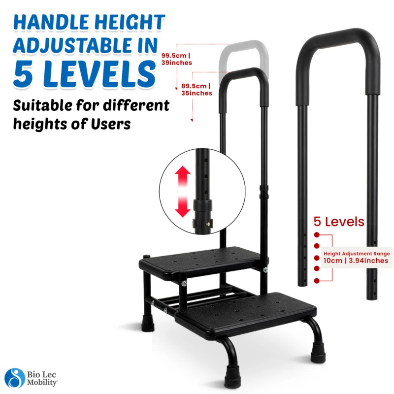 Dual step stool with adjustable handle in five levels.
