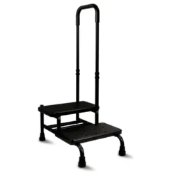 Black two-step stool with a handle for stability.