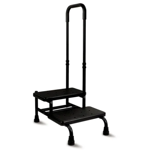 Black two-step stool with a handle for stability.