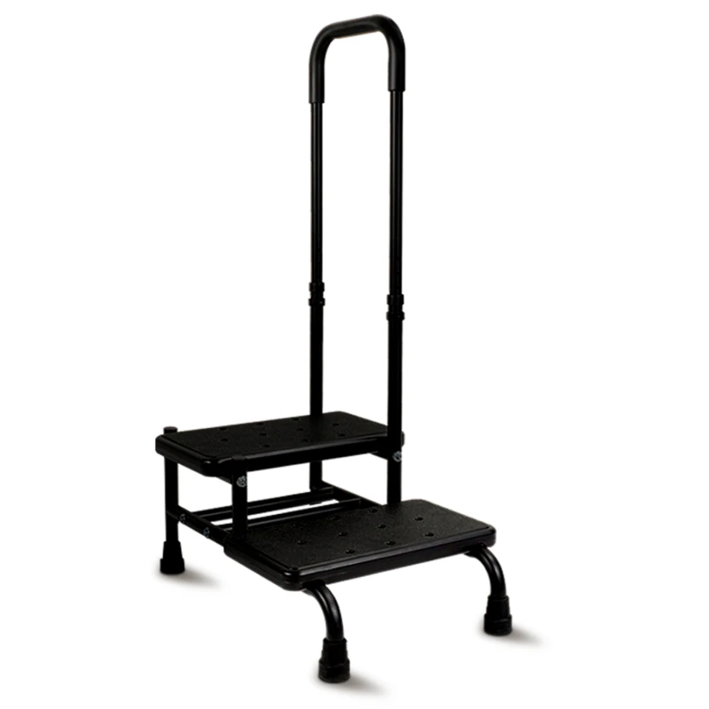 Black two-step stool with a handle for stability.