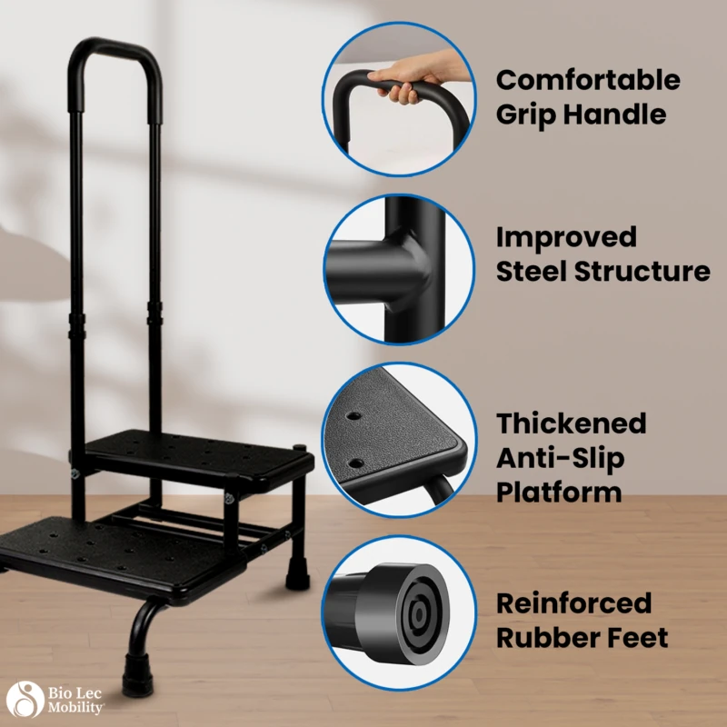 Black dual step stool with handle, highlighting grip, structure, platform, and feet.