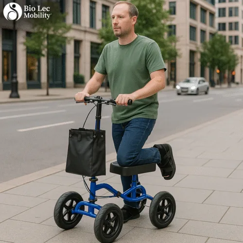 Man on a blue knee walker scooter with a black bag, on a city sidewalk.