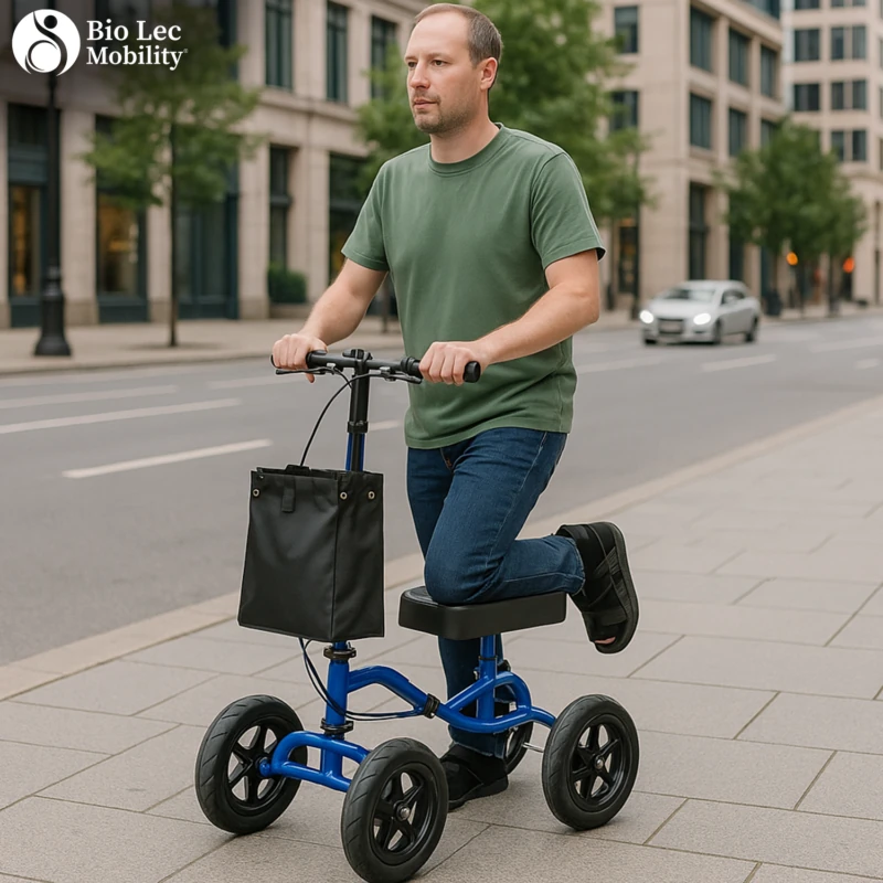 Man on a blue knee walker scooter with a black bag, on a city sidewalk.