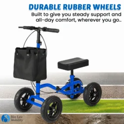 Blue knee walker scooter with black bag and durable rubber wheels.