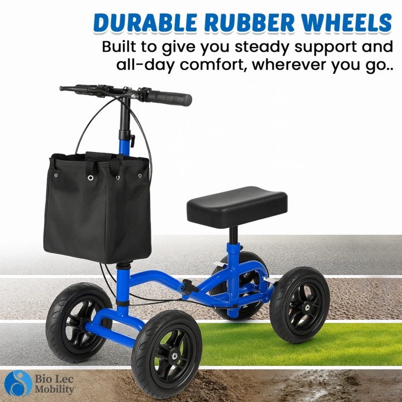 Blue knee walker scooter with black bag and durable rubber wheels.