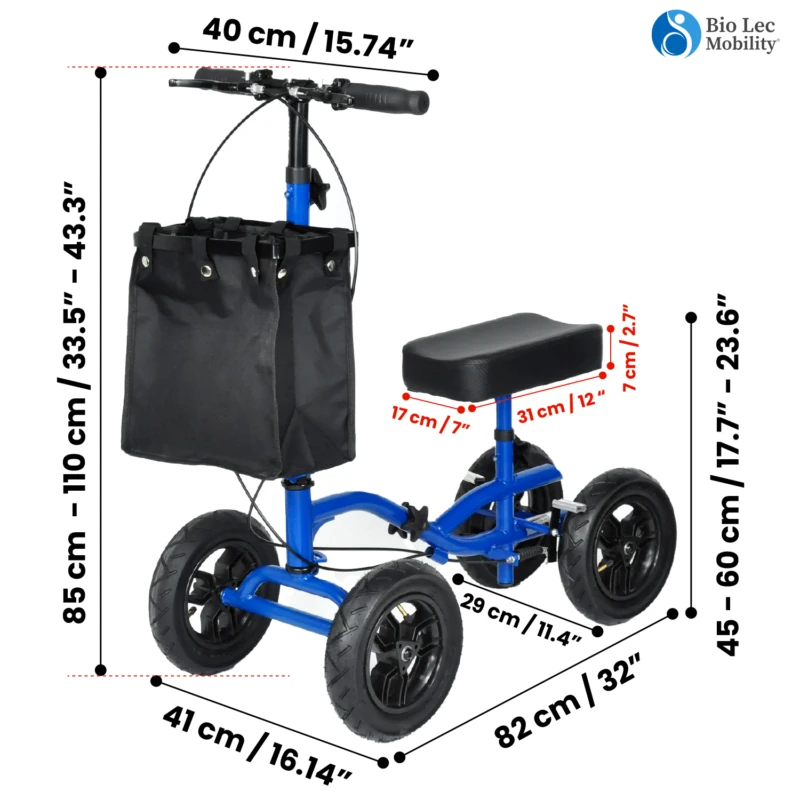 Blue all-terrain knee walker scooter with measurement annotations.