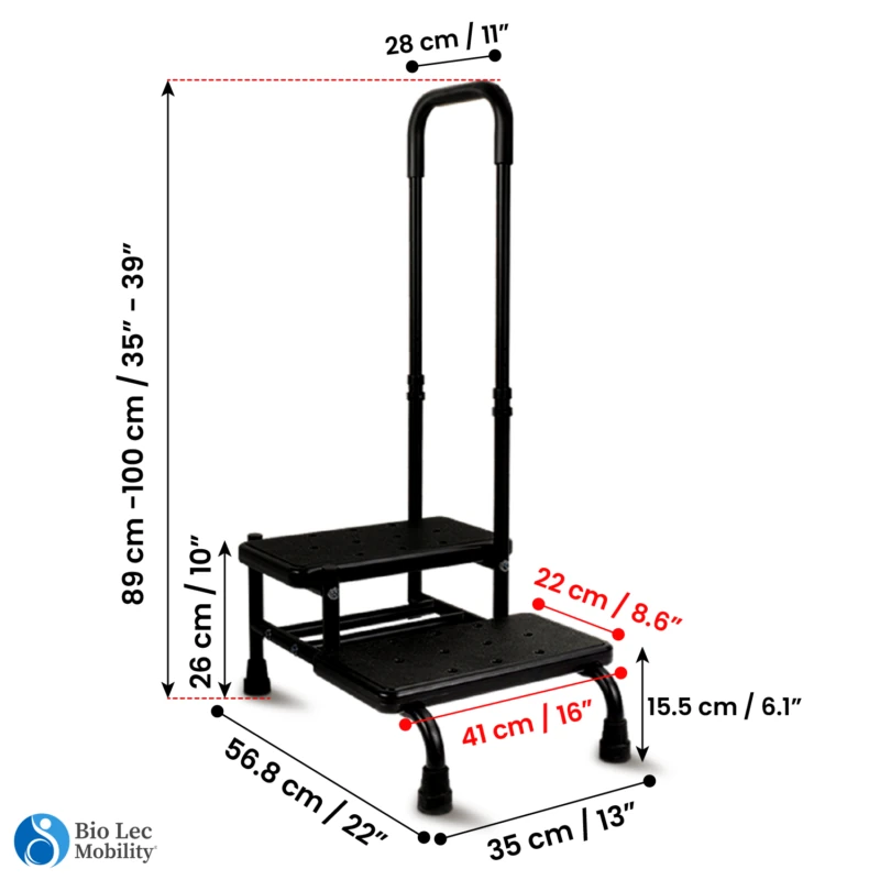 Black dual step stool with handle and dimensions labeled.