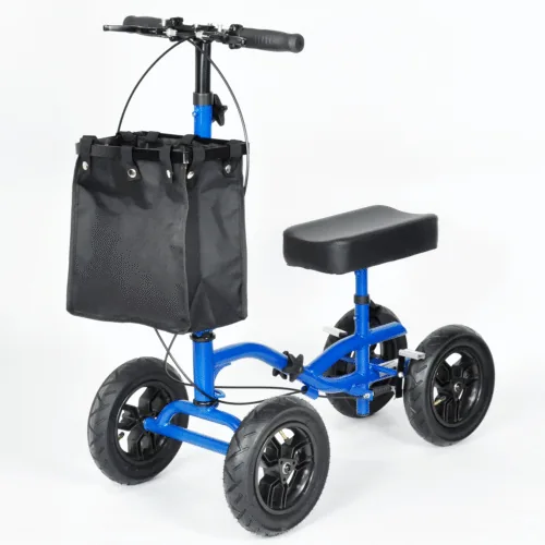 Blue knee walker scooter with black cushion and basket.