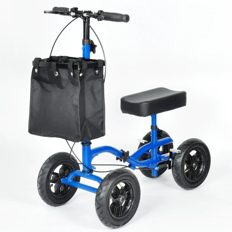 Blue knee walker scooter with black cushion and basket.