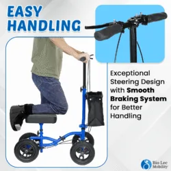 Person using a blue knee walker scooter with handlebar and cushioned pad.