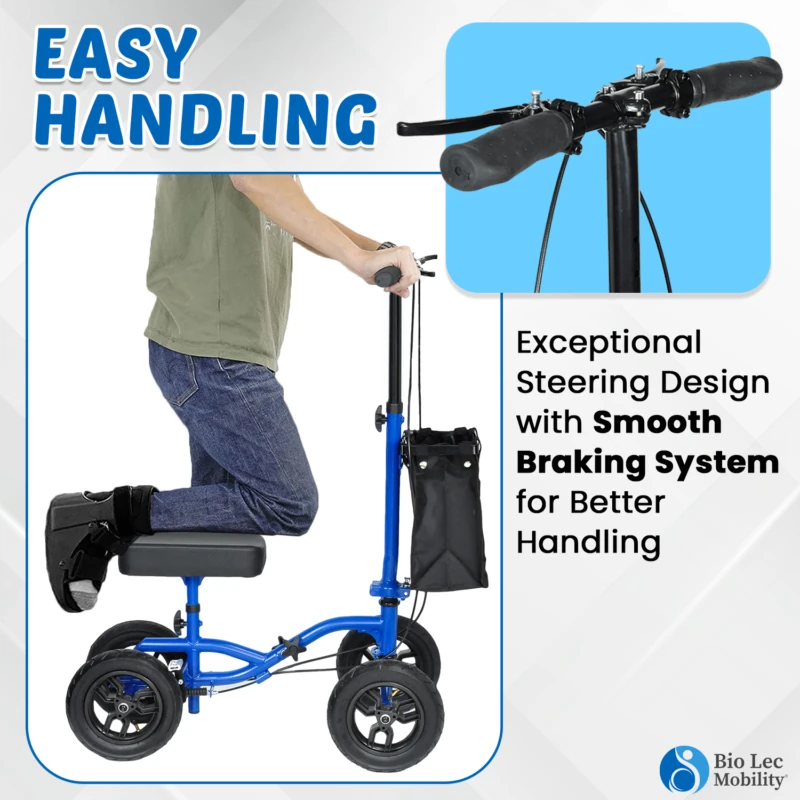 Person using a blue knee walker scooter with handlebar and cushioned pad.