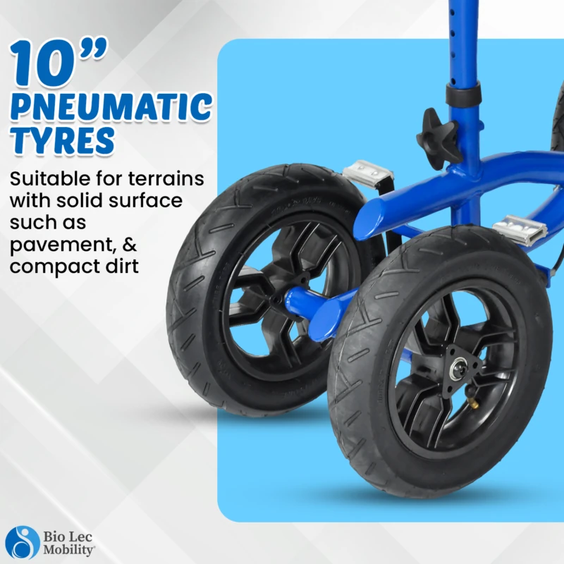 Close-up of knee walker scooter's 10-inch pneumatic tyres.