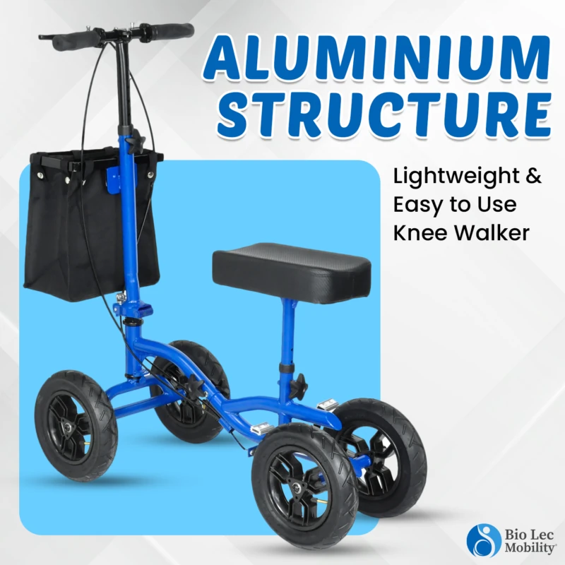 Blue knee walker scooter with black cushion and bag.