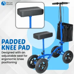 Blue knee walker scooter with padded knee pad and storage bag.