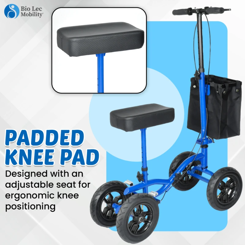 Blue knee walker scooter with padded knee pad and storage bag.