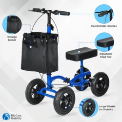 Blue knee walker scooter with storage basket and adjustable knee pad.