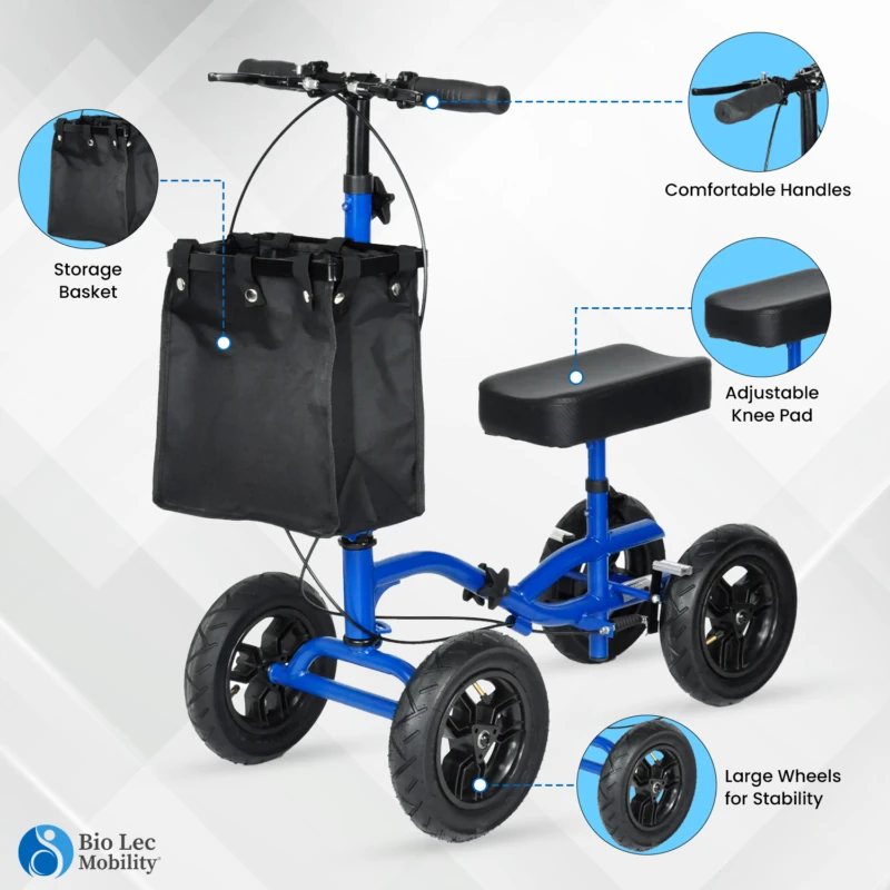 Blue knee walker scooter with storage basket and adjustable knee pad.