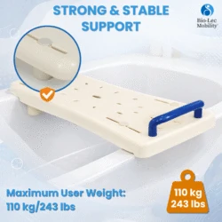 Plastic bath board with blue handle over a bathtub.
