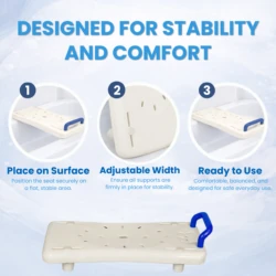 Bath board with handle and adjustable width, shown in a bathtub.