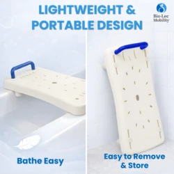 White bath board with blue handle on a bathtub and standing against a wall.