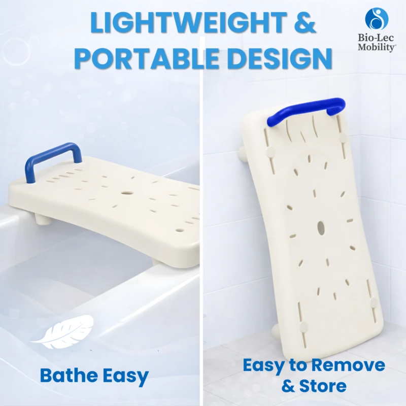 White bath board with blue handle on a bathtub and standing against a wall.
