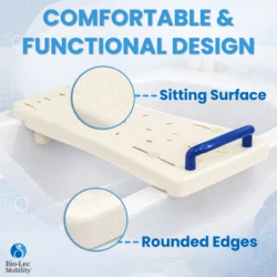 Bath board with handle over a bathtub, highlighting sitting surface and rounded edges.