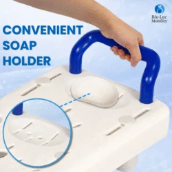 Close-up of a bath board with a blue handle and soap holder.