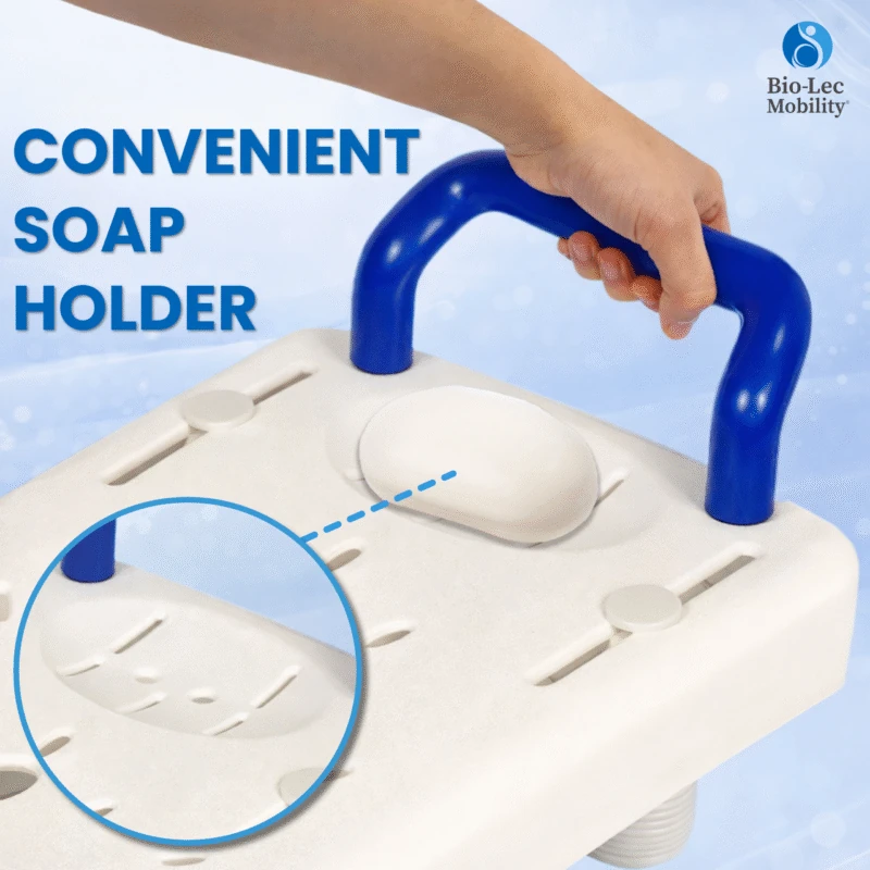 Close-up of a bath board with a blue handle and soap holder.