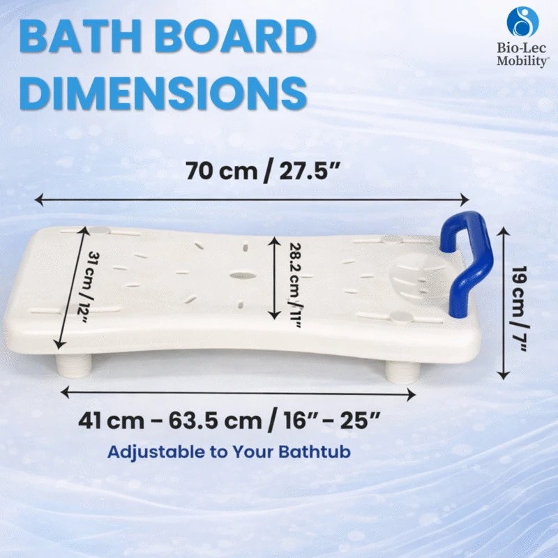 Dimensions of the bath board with a blue handle.