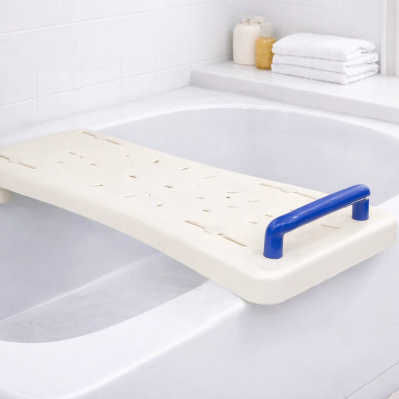 Plastic bath board with a blue handle placed over a bathtub.